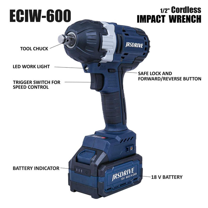 JRSDRIVE 1/2" Cordless Impact Wrench-500Nm, ECIW-600